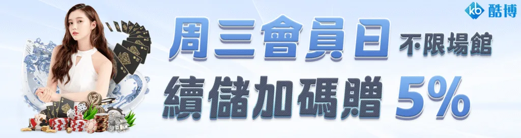 KB酷博娛樂城優惠：週三會員日　續儲加碼贈5%