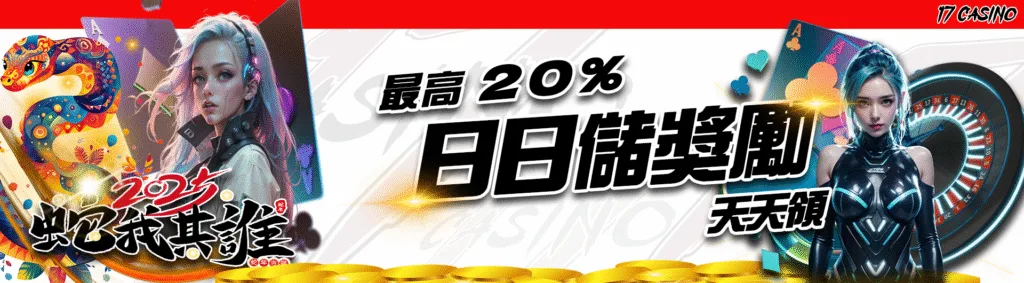 17娛樂城優惠：日日儲獎勵　最高20%天天領